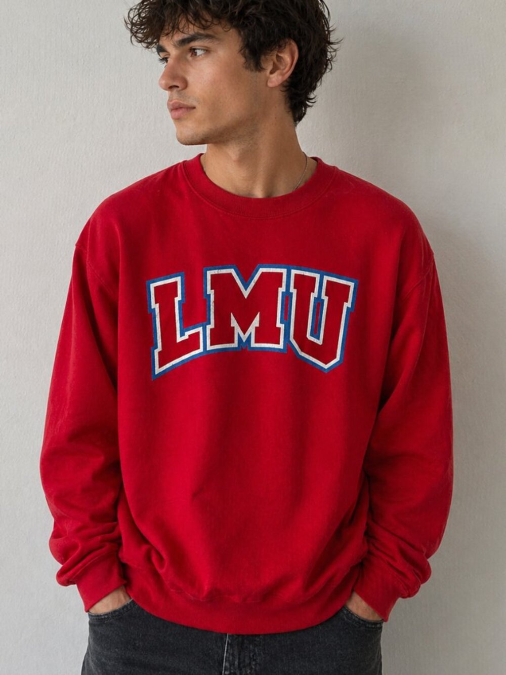 Vintage Style LMU College Sweatshirt Red Oversized Crewneck Graphic Pullover L